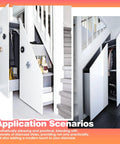 White cabinets with undermount heavy duty drawer slides 32 inch 260lb capacity in a staircase closet application.