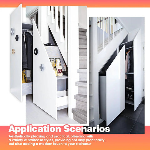 White cabinets with undermount heavy duty drawer slides 32 inch 260lb capacity in a staircase closet application.