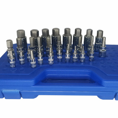 34-piece Heavy Duty Hex Bit Socket Set on blue case, featuring Chrome Vanadium sockets and S2 Alloy bits for maximum torque and longevity.