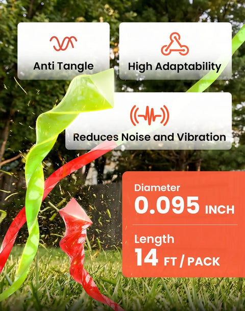Twisted Trimmer Line 18 Pack 0.095 Inch Replacement Line For 15 Inch String Trimmers shown in grass with product features