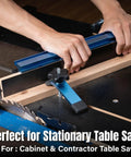 Hands using Crosscut Table Saw Sled Kit for precise woodworking cuts with aluminum fence MDF base pro miter bar and hardware