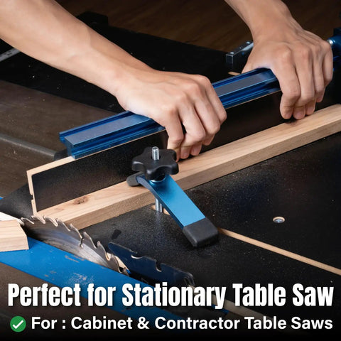 Hands using Crosscut Table Saw Sled Kit for precise woodworking cuts with aluminum fence MDF base pro miter bar and hardware