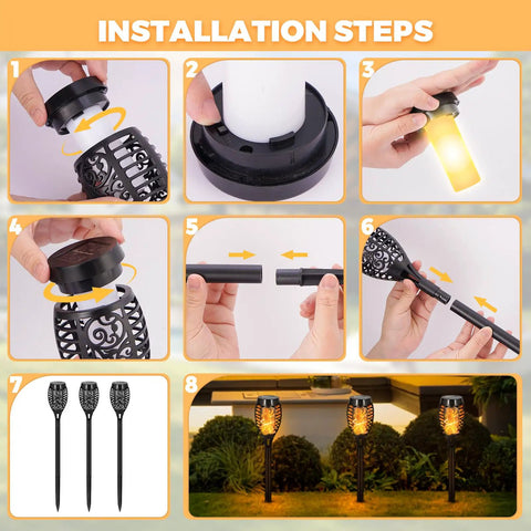 Installation steps for Flickering Flame Solar Garden Lights LED Outdoor Torches Pack Of 8, Waterproof Pathway Yard Patio Decor