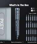 Cordless Mini Electric Screwdriver Set With 28 Magnetic Bits, 3 Gear Torque, tool box, cable, and bits shown included.