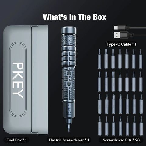 Cordless Mini Electric Screwdriver Set With 28 Magnetic Bits, 3 Gear Torque, tool box, cable, and bits shown included.