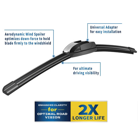 Aerodynamic 26 inch and 19 inch front windshield wiper blades for Honda Accord 2008-2017 and Toyota Prius 2010-2015 with universal adapter