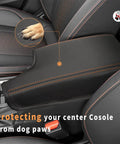 Subaru Crosstrek Center Console Armrest Cover Leather With Orange Stitches protecting console from dog paws