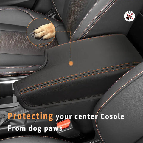 Subaru Crosstrek Center Console Armrest Cover Leather With Orange Stitches protecting console from dog paws