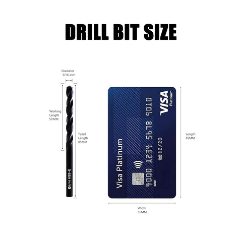 Three Sixteenth Inch HSS M35 Cobalt Twist Drill Bits Pack Of Ten For Metalworking next to credit card for size comparison