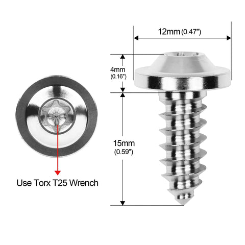 Top Shelf Grade 5 Titanium Self Tapping Screws M6x15mm Pack Of 4 showing dimensions and Torx T25 head detail.