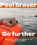 Hand gripping Open Water Swim Buoy With 15L Dry Bag and Rest Handle, Fully Waterproof Swim Bubble in Furnace Orange on water surface.