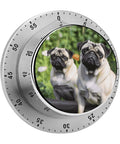 Countdown Timer With Rotating Dial Multi Functional Timekeeper for Cooking And Baking Classroom Office And Home Decor Space Saving Interval Regulator Durable Stainless Steel Construction featuring pugs print