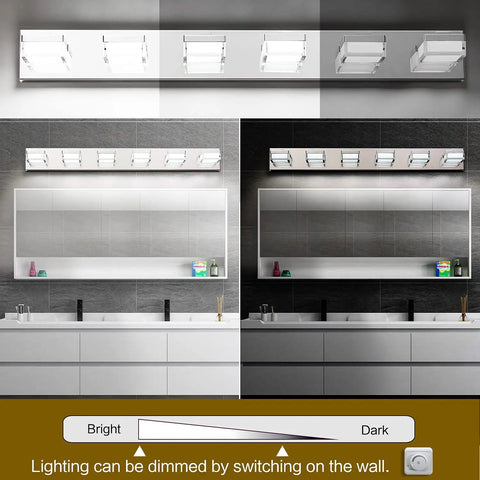 Modern Dimmable LED Vanity Lights Over Mirror Gloss Chrome Six Light Bathroom Fixture Easy Direct Wire Install Energy Saving Vanity Lighting For A Sleek Lit Look illuminated and dimmed above a double sink