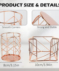 Two Piece Square Post Note Holder And Circle Pen Holder Metal Desk Organizer Set In Rose Gold For Home Office School Keeps Your Desk Clean And Lookin Sharp, showing size and details of rose gold holders with smooth corners and stability measurements.
