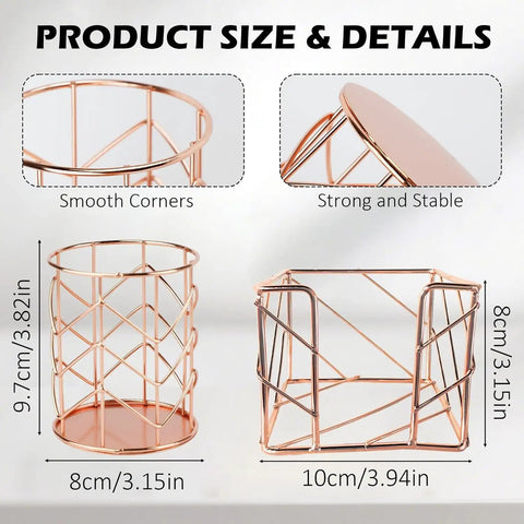 Two Piece Square Post Note Holder And Circle Pen Holder Metal Desk Organizer Set In Rose Gold For Home Office School Keeps Your Desk Clean And Lookin Sharp, showing size and details of rose gold holders with smooth corners and stability measurements.
