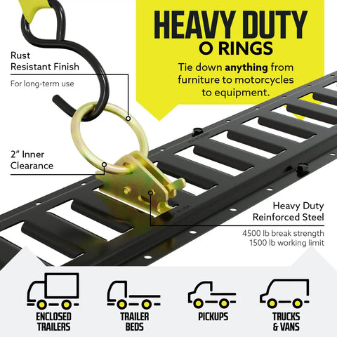 E Track Rail Tie Down Kit 28 Piece Set With 8 Foot Rails End Caps Rope Tie Offs And O Ring Anchors Heavy Duty Cargo Securing System For Trucks Vans And Trailers, steel rail with O-ring anchor
