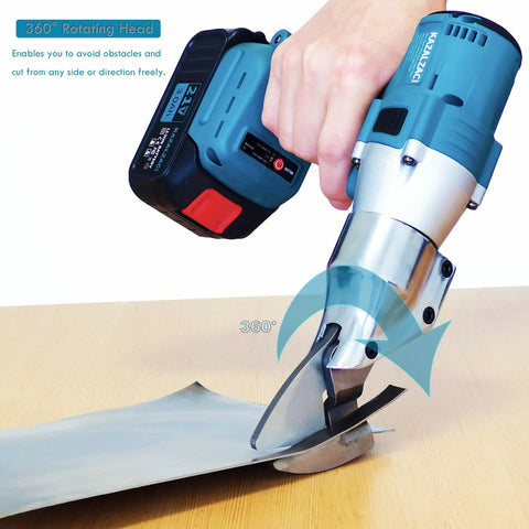 Cordless Metal Sheet Shears Electric Scissors With 360 Degree Swivel Head Battery Powered Sheet Metal Cutter in use on metal