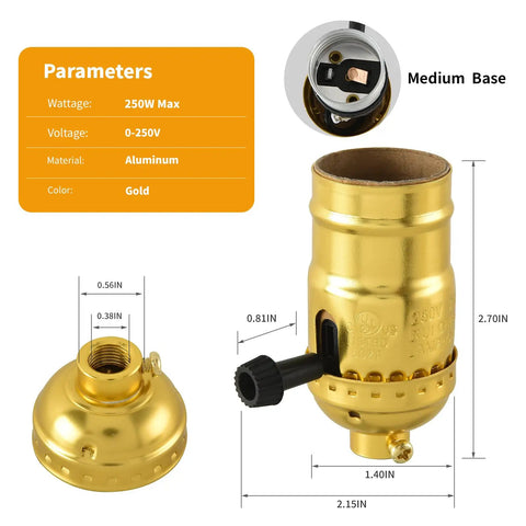 2-Pack UL Listed E26 Lamp Socket Replacement With Gold Finish, Standard Threaded Base, 250W 250V, 3-Way Turn Switch Kit