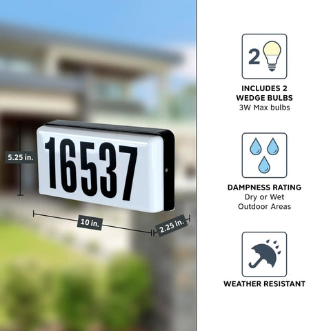 Lighted House Number Sign With 2 Backlit Bulbs Outdoor Address Plaque 10 Inch Black Wall Mount For EZ Readability Safe for Home