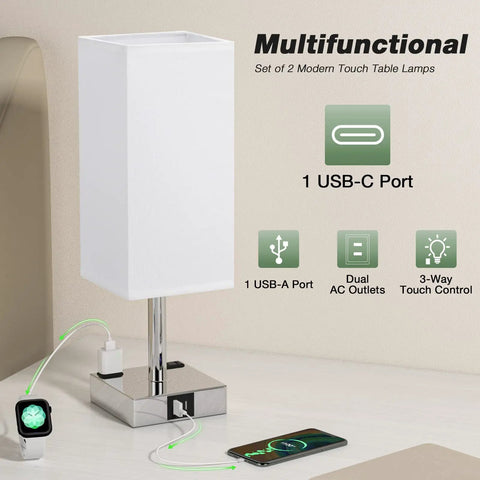 Set Of Two Touch Nightstand Lamps With USB C And USB A Ports AC Outlets Three Way Dimmable Bedside Lamps With White Fabric Shade