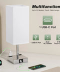 Beige Set of 2 Must-Have Touch Bedside Lamps With USB Ports and AC Outlets, 3-Way Dimmable Nightstand Lamps displayed with charging devices.