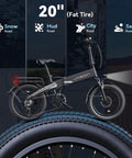 Foldable 20 Inch Fat Tire Electric Bike for Adults with 1200W Peak Motor and 48V Battery shown on diverse terrains