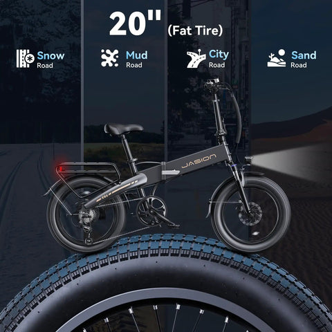 Foldable 20 Inch Fat Tire Electric Bike for Adults with 1200W Peak Motor and 48V Battery shown on diverse terrains