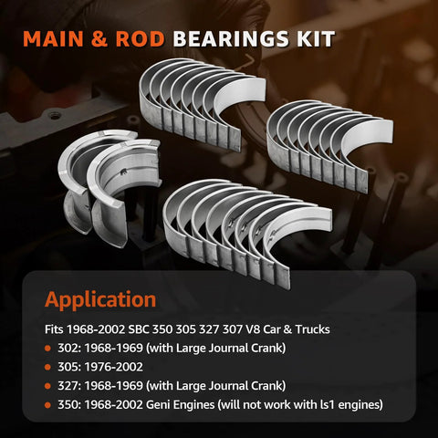 Beefed-Up Main And Rod Bearings Kit For Small Block Chevy V8 1968 To 2002 5.0L 5.7L, displayed with 2.450 Inch Journals