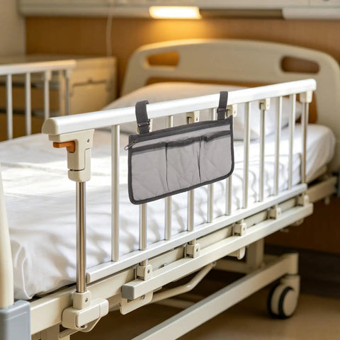 Bed Rail Hanging Organizer With Four Pockets For Bedside Essentials Grab And Go Caregiver Friendly Storage Pouch