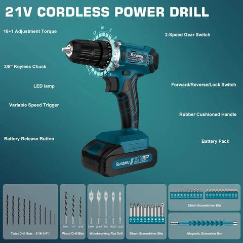 21V Cordless Drill And 255 Piece Tool Set With Drawer For Home Auto And DIY Repairs Portable Complete General Purpose Kit