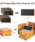 10 Frame Beehive Starter Kit with Beeswax Dipped Deep Brood Box and Supplies, showing frame sizes and assembled wooden box.