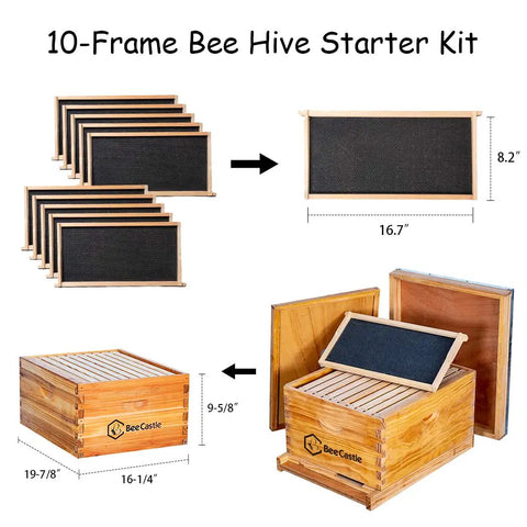 10 Frame Beehive Starter Kit with Beeswax Dipped Deep Brood Box and Supplies, showing frame sizes and assembled wooden box.
