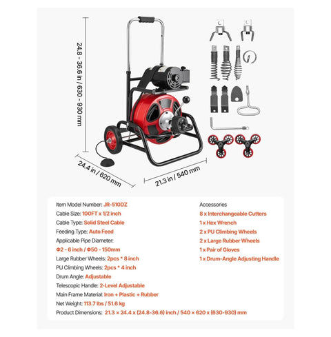 Heavy Duty Auto Feed Drain Cleaner Machine With 100 Ft Steel Cable, portable with wheels for easy maneuverability.