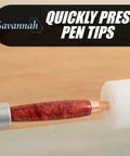 Premium Pen Press With Anodized Aluminum Base And Adjustable Assembly Rod Designed For No Sweat Assembly And Snap Together Custom Builds That Really Level Up Your Daily Craft Game, pressing pen tip in red wood.