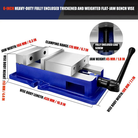 Rugged Bench Vise With 360 Degree Rotary Handle, shown with dimensions and specifications