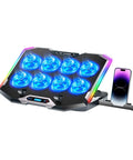 Eight Fan Gaming Laptop Cooling Pad for 15 to 17.3 Inch Notebooks With RGB Lighting Dual USB Ports and Phone Stand shown