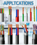 Various types and colors of electrical wires in a laboratory setting with "Applications" above.