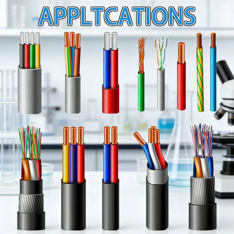 Various types and colors of electrical wires in a laboratory setting with "Applications" above.