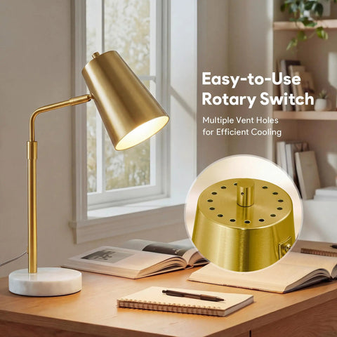Gold Desk Lamp With LED Bulb Adjustable Brass Finish Metal Table Lamp With Marble Base Mid Century Modern Reading Lamp