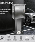 Tough As Nails Outdoor EV Charger Enclosure With Key Lock Security Built Like A Tank Using Premium 304 Stainless Steel Weatherproof Charging Station Box mounted on a pedestal.