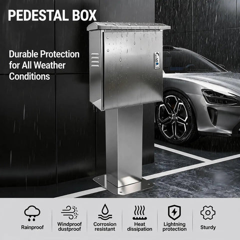 Tough As Nails Outdoor EV Charger Enclosure With Key Lock Security Built Like A Tank Using Premium 304 Stainless Steel Weatherproof Charging Station Box mounted on a pedestal.