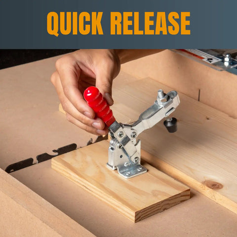 Heavy Duty Vertical Toggle Clamp With Rock Solid Grip Non Slip Rubber Pad 500 Lb Capacity Quick Release Hold Down in use, clamping wood.