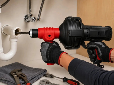 Person using Portable Auto Feed Drain Snake Auger For Toilets, Sinks And Pipes, Corded Power Cable Handheld Sewer Cleaner