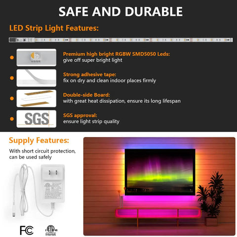 RGBW Under Cabinet Lighting Kit With App And Remote Control 6 PCS LED Strip Lights safe and durable features, TV backlight shown