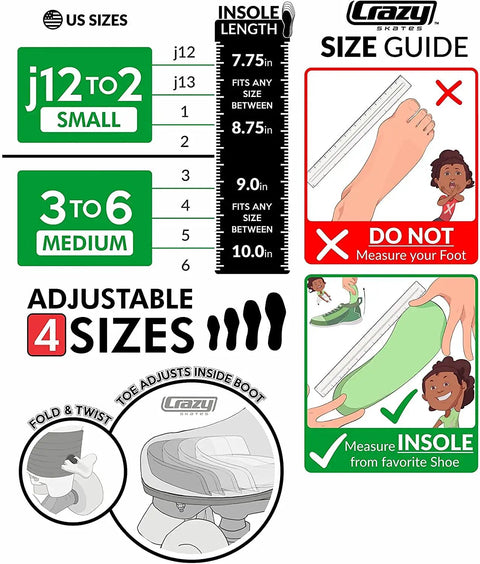 Tot Friendly Trolls Themed Adjustable Inline Skates For Kids Size Guide, Medium 2-5, Showing Insole Measurement Instructions