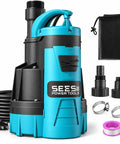 Automatic Submersible Water Pump With Smart Float Switch Delivers 5548 GPH High Flow For Yard Basement Pond Removal Plus Sump Jobs Heavy Duty 1HP, blue and black, accessories included.