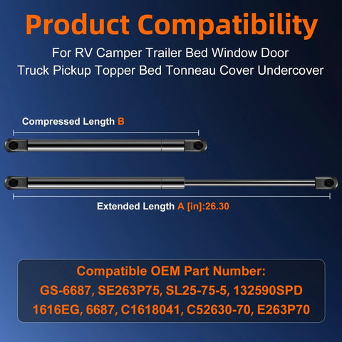 Slick Heavy Duty 75 Pound Gas Strut Lift Support Shock Rod for compatible RV camper and truck applications, showing length specifications.