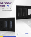 Durable Decorator Light Switch And Receptacle Wall Plate In Gloss Black 3-Gang 4.50 By 6.38 Inches Built Tough With Unbreakable Polycarbonate Thermoplastic UL Listed 8833-BK shown in different styles.