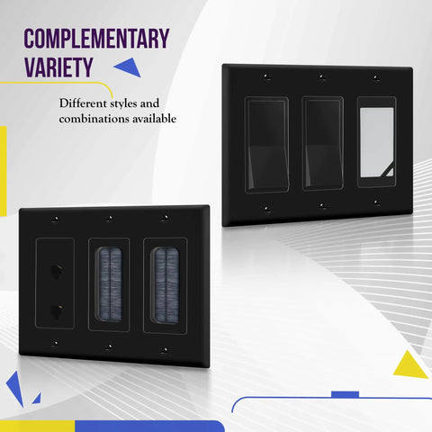 Durable Decorator Light Switch And Receptacle Wall Plate In Gloss Black 3-Gang 4.50 By 6.38 Inches Built Tough With Unbreakable Polycarbonate Thermoplastic UL Listed 8833-BK shown in different styles.