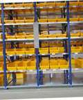 Expandable Plastic Card Holder And Multi Grid Desk Organizer, storage shelves with yellow bins for organizing equipment.